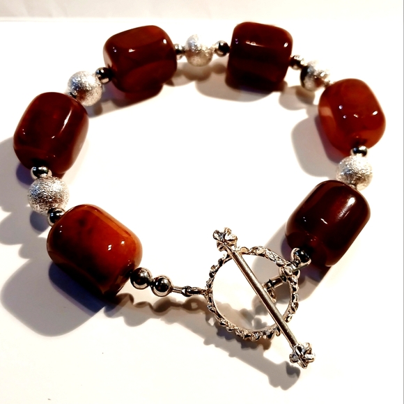 Silvertone and Brown Beaded Bracelet - Picture 1 of 5